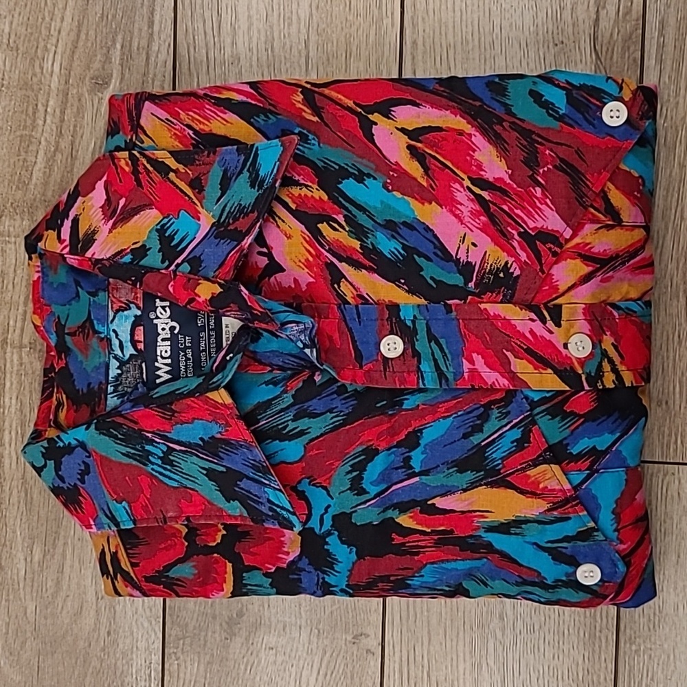 WRANGLER X-Long Tails Cowboy Cut ABSTRACT Cotton Sz 15.5 x 35 Western Shirt RARE